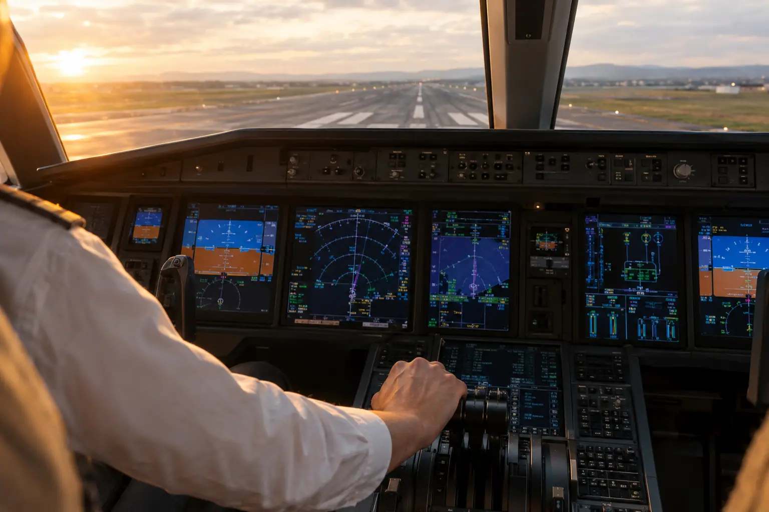 Business jet cockpit before departure